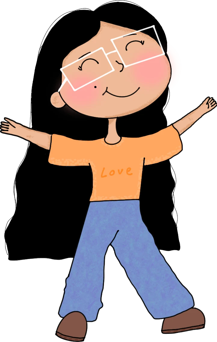Illustration of Ash Carnie smiling with arms open wide, wearing an orange 'Love' t-shirt and blue trousers