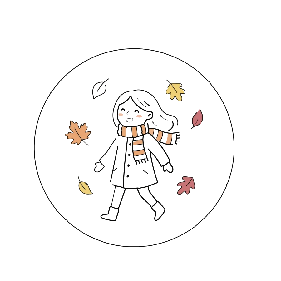 An illustration of a girl walking through falling autumn leaves, inside a circular frame