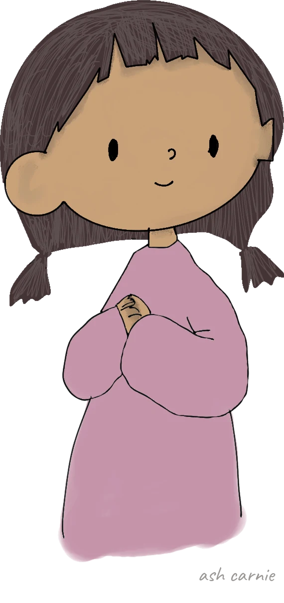 A drawing of a girl standing quietly with her hands folded