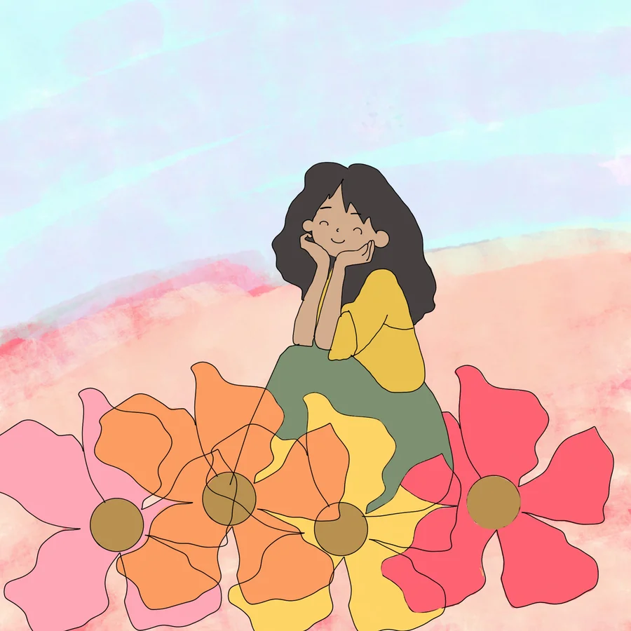 A girl resting her chin on her hands, sitting peacefully among large flowers