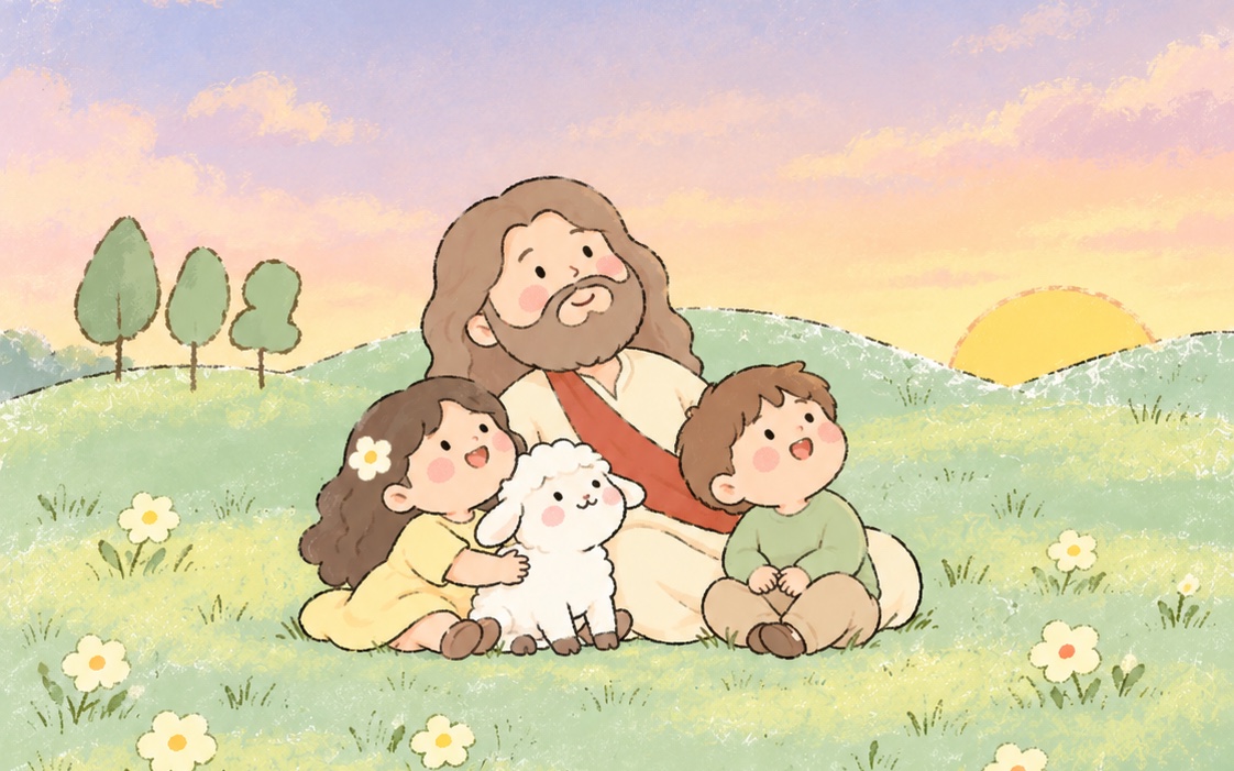 Jesus and two children at sunset