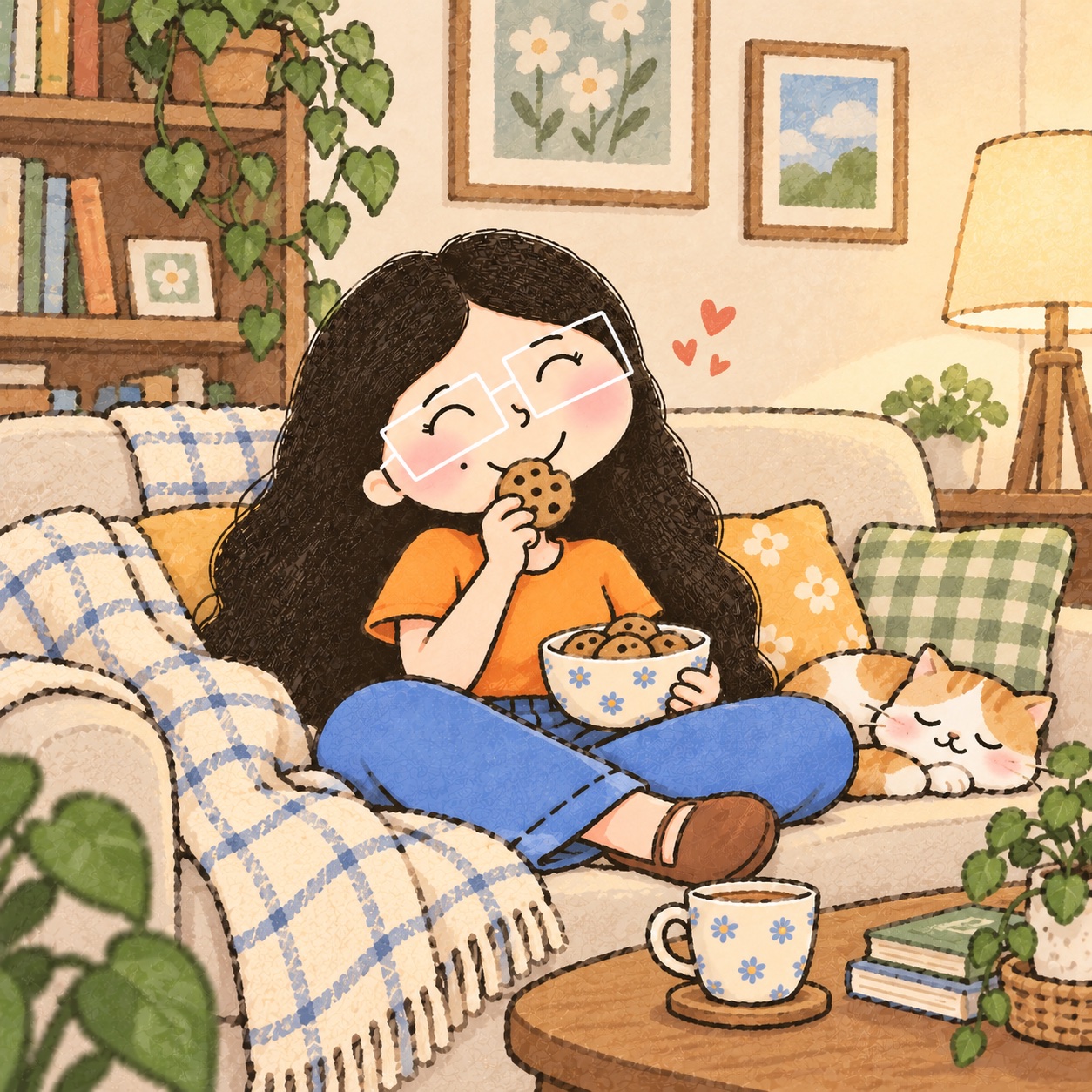 Ash eating a cookie on the sofa
