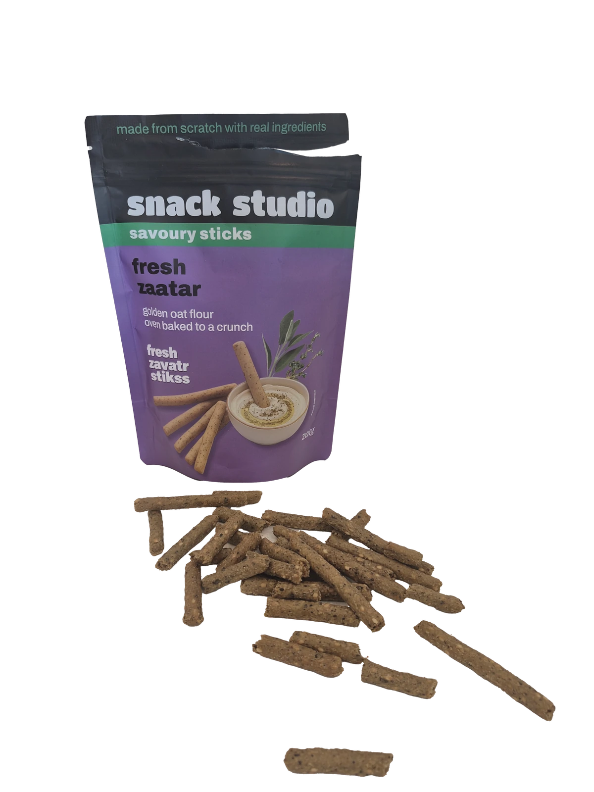 Snack Studio fresh zaatar savoury sticks, packet and scattered sticks