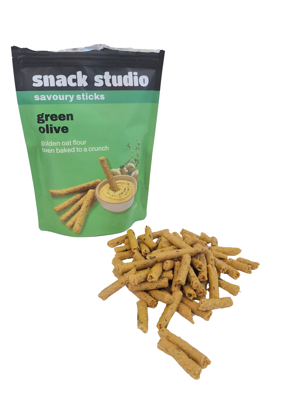 Snack Studio green olive savoury sticks, packet and scattered sticks