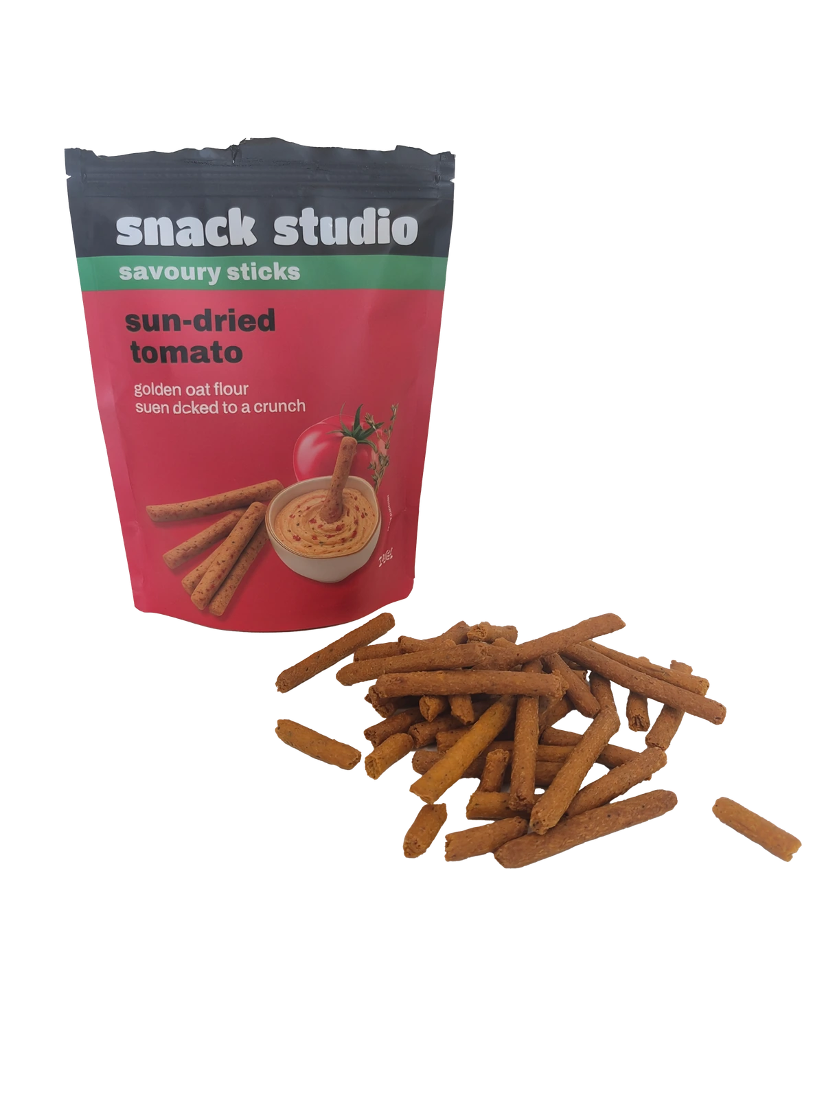 Snack Studio sundried tomato savoury sticks, packet and scattered sticks