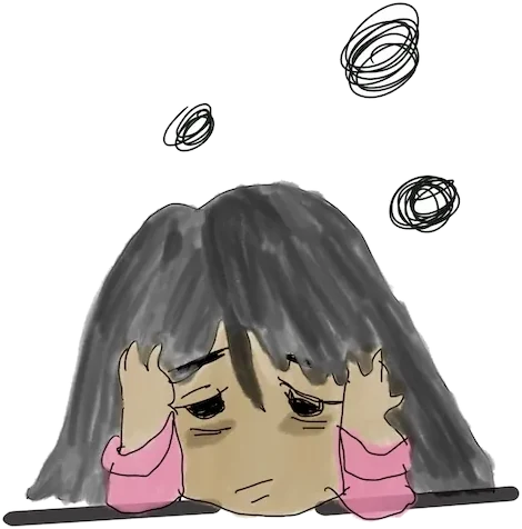 A drawing of a girl holding her head in her hands, with scribbles of worry above her