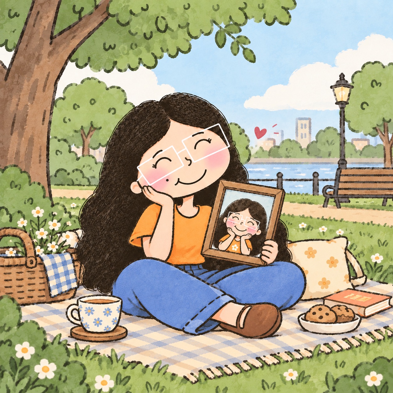 Ash holding a framed picture of herself at a picnic