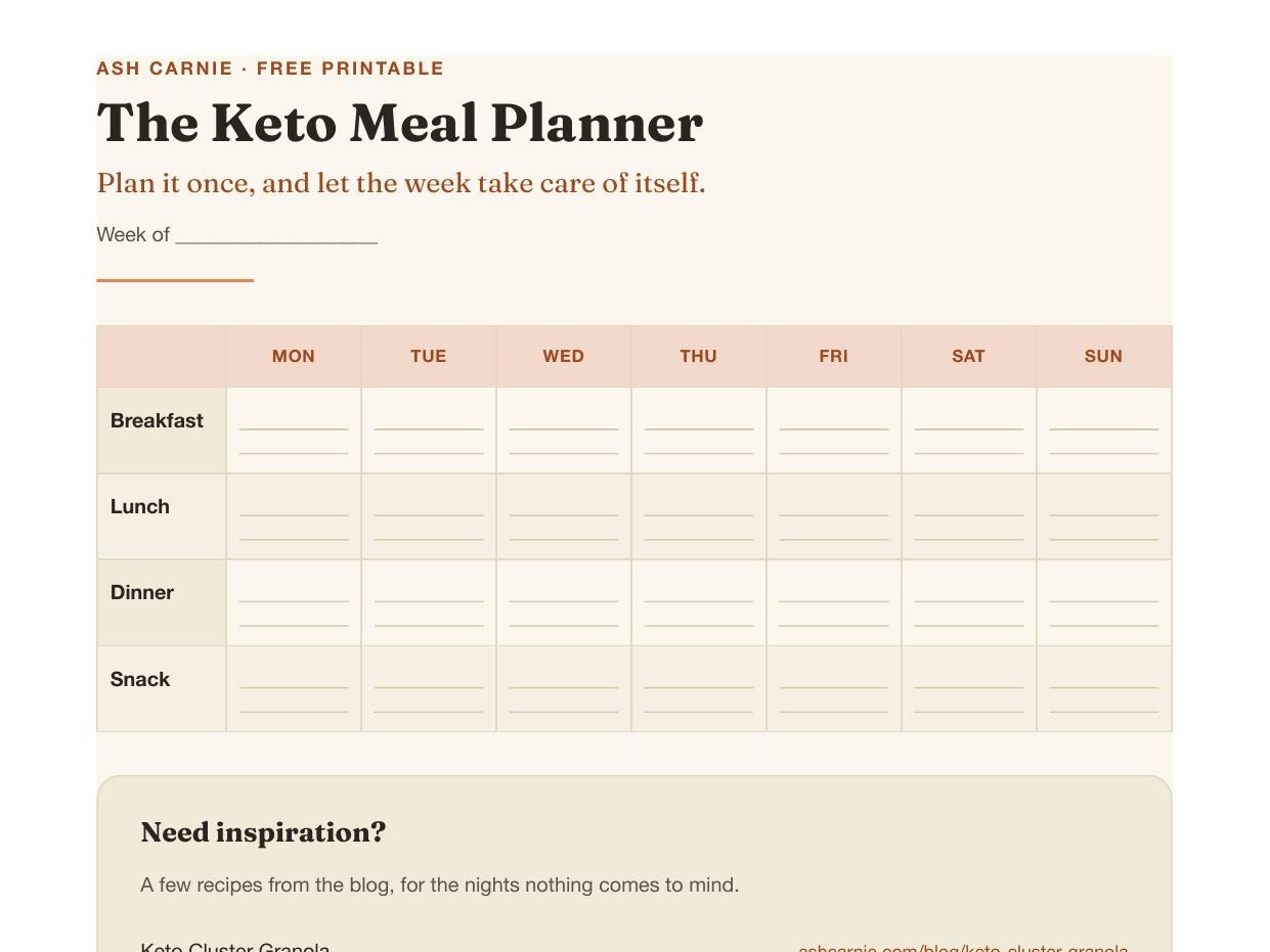 A preview of the printable keto meal planner, showing the weekly grid